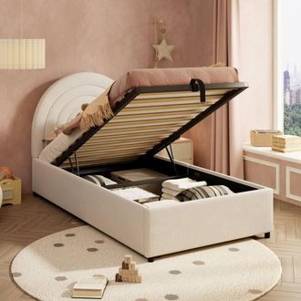 Matteo Beige Boucle Upholstered Single Bed Frame with Hydraulic Storage