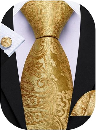 Barry.Wang Gold Paisley Tie Mens Silk Necktie Pocket Square Cufflinks Set Formal Wedding Party
