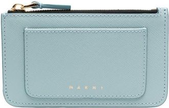 Marni logo-print leather card case - women - Cotton/Calf Leather/Viscose/Aluminium/Zinc/Brass/Copper - One Size - Blue