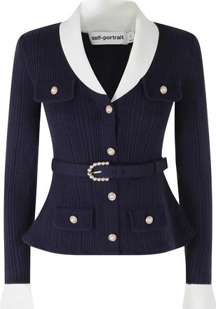 Self Portrait Ribbed Knit Cardigan - Dames - Vesten - Blauw - S - Wol - Truien & Vesten
