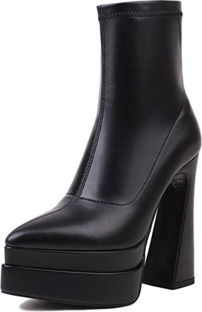 Generic Womens Pointed Toe Platform Block Heel Sock Boots Faux Leather Side Zip Ankle High Stylish Comfortable For Night Out Party And Daily Casual Wear,Black