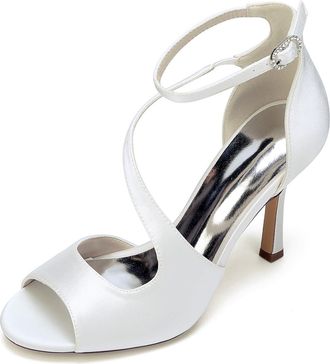 Generic Wedding Bridal Shoes Women Peep Toe Ankle Straps Stiletto Sandals Buckle Satin Evening Party Prom High Heel 9.5Cm,Ivory,10 UK