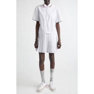 Thom Browne Stripe Pleated Cotton Polo Shirtdress in Med Grey at Nordstrom, Size 10 Us