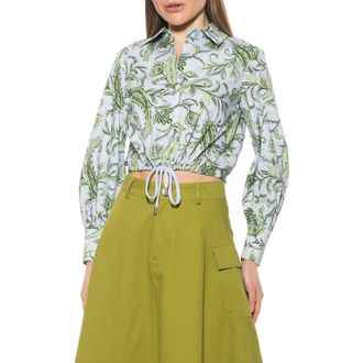 Alexia Admor Gianna Poplin Drawstring Crop Button-Up Shirt in Blue Paisley at Nordstrom Rack, Size X-Small