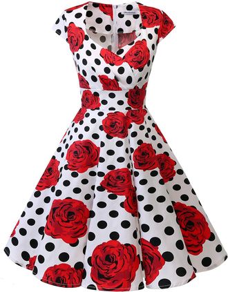 Bbonlinedress Womens 50s 60s A Line Rockabilly Dress Cap Sleeve Floral Vintage Swing Party Dress White Black Rose L