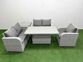 Fimous High Back Poly Rattan Garden Furniture Set w/ Reclining Chair Loveseat Sofa Adjustable Lifting Dining or Coffee Table Indoor Outdoor Patio Set