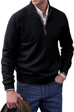 Generic Mens Wool Knitted Pullover Sweater 1/4 Zip Mock Neck Solid Color Long Sleeve Knit Jumpers Black 3XL