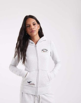 Hollister felpa con cappuccio aderente con zip e logo heritage grigia-Grigio