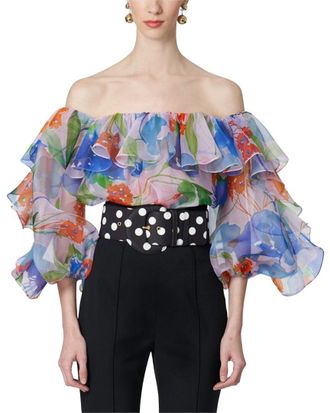 Carolina Herrera Off-Shoulder Ruffle Balloon Sleeve Silk Top