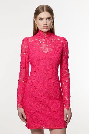 Karen Millen Womens Guipure Lace High Neck Woven Mini Dress - Fuchsia - Size 12 UK