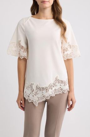 Anne Klein Lace Trim Asymmetrical Hem Top in White Dove at Nordstrom, Size X-Large
