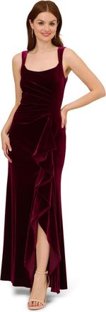 Adrianna Papell Womens Velvet Ruffle Front Gown in Burgundy - Size 8 UK