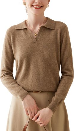 Dissa Women Cashmere Jumper Brown Classic Collar Knitted Jumper Long Sleeve Relaxed Cashmere&Wool Thin Plain Ladies Sweater,UK 14,MA904