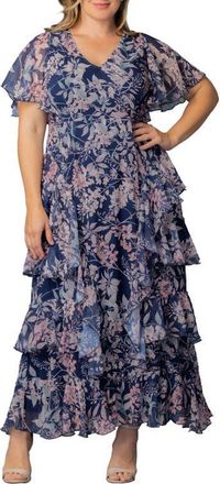Kiyonna Tour de Flounce Tiered Maxi Dress in Navy Wisteria Blooms at Nordstrom, Size 2X