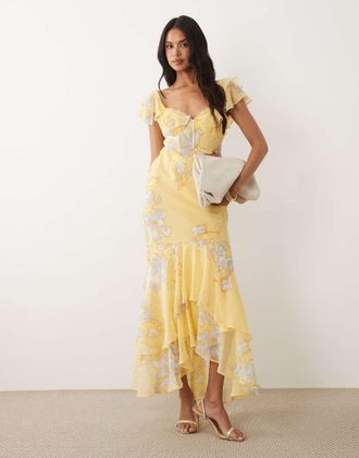 Asos Vestito lungo giallo a fiori con maniche con volant e fondo a sirena-Multi
