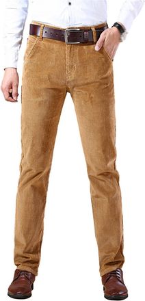 Generic Mens Classic-Fit Corduroy Pant, Flat Front Elastic Waistband Stretch Straight Leg Slim Fit Dress Pant with Pockets (Light Khaki,32)