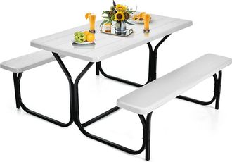 Costway Set De Mesa Y Banco Picnic, Conjunto De Mueble Para Exterior Con Estructura Met&aacute;lica Y Superficie Resistente A Todo Clima, Juego De Mesa Para Patio (b