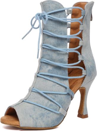 Minitoo Ladies Ballroom Salsa Latin Dance Shoes Sexy Prom Evening Ankle Sandal Boots L614 Light Blue 9cm Heel UK 4.5