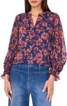 Vince Camuto Floral Split Neck Top in Deep Sky at Nordstrom, Size Small