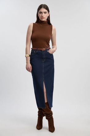 Karen Millen Womens Denim 5 Pocket Midi Pencil Skirt - Indigo Blue Cotton - Size 12 UK