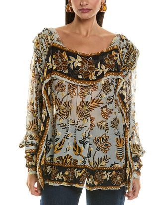 Farm Rio Farm Rio Floral Tapestry Silver Bee Hive Detail Long Sleeve Blouse