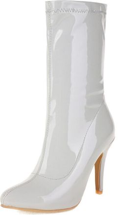 Generic Womens Elegant Patent Leather Stiletto Heel Mid-calf Boots with Pointed Toe,Slip-On Style,Gray,5.5 UK