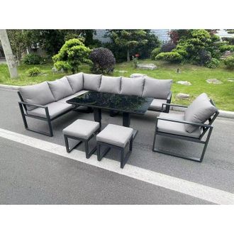 Fimous Fimous Aluminum Outdoor Garden Furniture Corner Sofa Chair Footstools Adjustable Rising Lifting Dining Table Sets Dark Grey Black Tempered Glass 9