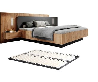 Vente-Unique Cama con mesas de noche 160 x 200 cm - 2 cajones - Con LEDs - Color: natural y antracita + Somier - FRANCOLI