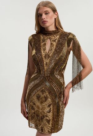 Karen Millen Womens Embellished Beaded Cap Sleeve Woven Mini Dress - Bronze - Size 14 UK