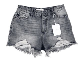 Kancan High Rise Frayed Hem Denim Shorts In Light Grey
