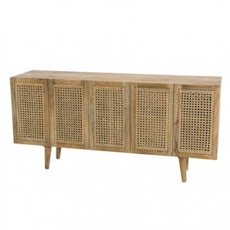 Macabane Aparador de 5 puertas madera de mango marr&oacute;n y rat&aacute;n color natural