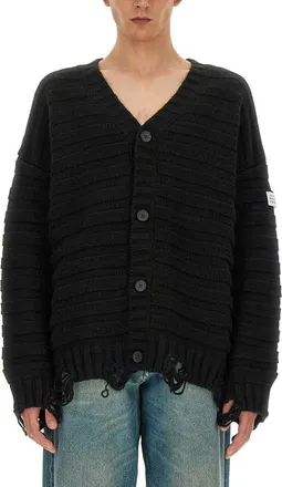 Maison Margiela Ribbed Knit Cardigan With V-Neckline And Distressed Details