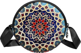 Generic Circle Crossbody Bag for Women, Retro Prints Small Sling Bag Daypack with Zipper Adjustable Shoulder Straps Casual Ladies Girls Round Purse