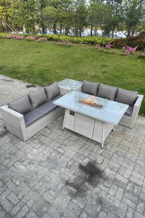 Fimous Rattan Gas Fire Pit Dining Table Set Heater Burner Chairs With 2 PC Stools in Light Grey