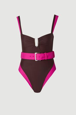 Karen Millen Womens Contrast Trim High Cut Swimsuit - Chocolate Nylon - Size X-Small