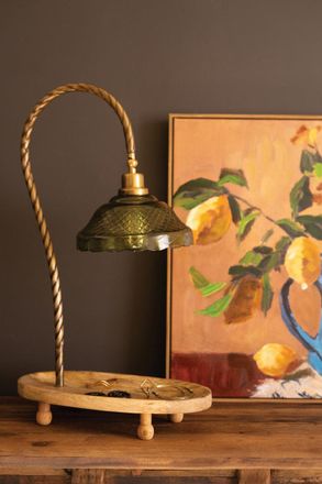 Kalalou Table Lamp With Green Glass Shade And Oval Wooden Base