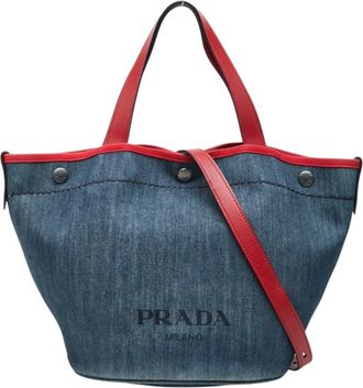 Prada Blue Red Color Denim Leather Shoulder Bag Tote Bag (Pre-Owned)