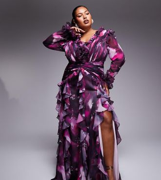 Asos Curve organza long sleeve exaggerated ruffle maxi dress in dark floral-Multi