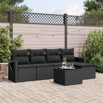 vidaXL Vidaxl - Set De Sof&aacute;s De Jard&iacute;n 6 Piezas Y Cojines Rat&aacute;n Sint&eacute;tico Negro