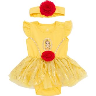 Disney Princess Cosplay 2-Piece Tutu Bodysuit and Headband Set in Yellow Belle at Nordstrom, Size 6-9M