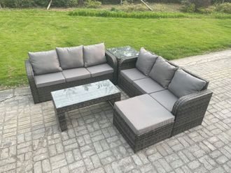 Fimous Outdoor Lounge Sofa Set Rattan Garden Furniture Set with Rectangular Coffee Table Big Footstool 3 Seater Sofa in Dark Grey