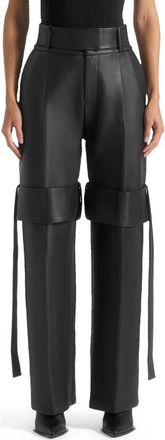 Mani&egrave;re De Voir Isabelle Leather Belted Strap Detail Trousers in Black at Nordstrom, Size 12