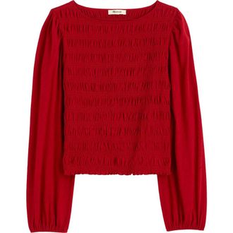 Madewell Smocked Boat Neck Long Sleeve Cotton Top in Ruby at Nordstrom, Size Xx-Small