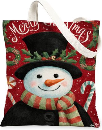 Generic Christmas Snow Man Canvas Tote Bags, Holiday Floral Design Reusable Grocery Bags, Vintage Lightweight Washable Shoulder Strap Canvas for Outdoor Trave