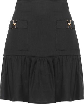 Elisabetta Franchi Flared Black Linen Skirt With Logo Accents