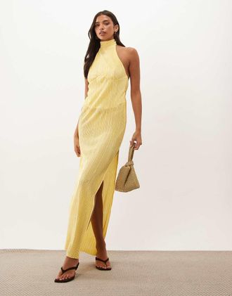 Asos vestito lungo pliss&eacute; con scollo allamericana giallo