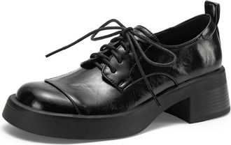 Generic Womens Thick Platform Oxfords Cap Toe Lace-Up Block Heel Smooth Upper Adjustable Laces Pull Tab Stitched Detail Comfortable Durable Shoes,Black,5.5 UK
