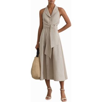 Reiss Tara Sleeveless Linen Midi Dress in Neutral at Nordstrom, Size 12 Us