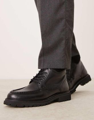 Asos Stivali stringati in pelle nera lucidata con punta con impunture-Nero