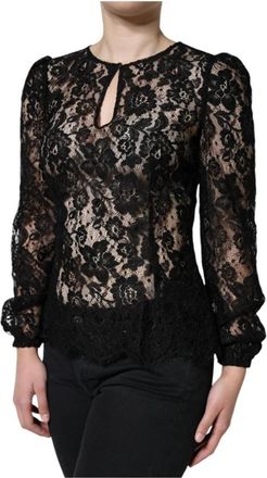 Dolce & Gabbana Zwarte Kant Lange Mouw Top met Rits - Dames - Blouses - Zwart - S - Nylon - Overhemden